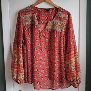 New Directions Boho Medallion Orange Blouse Long Sleeve XL